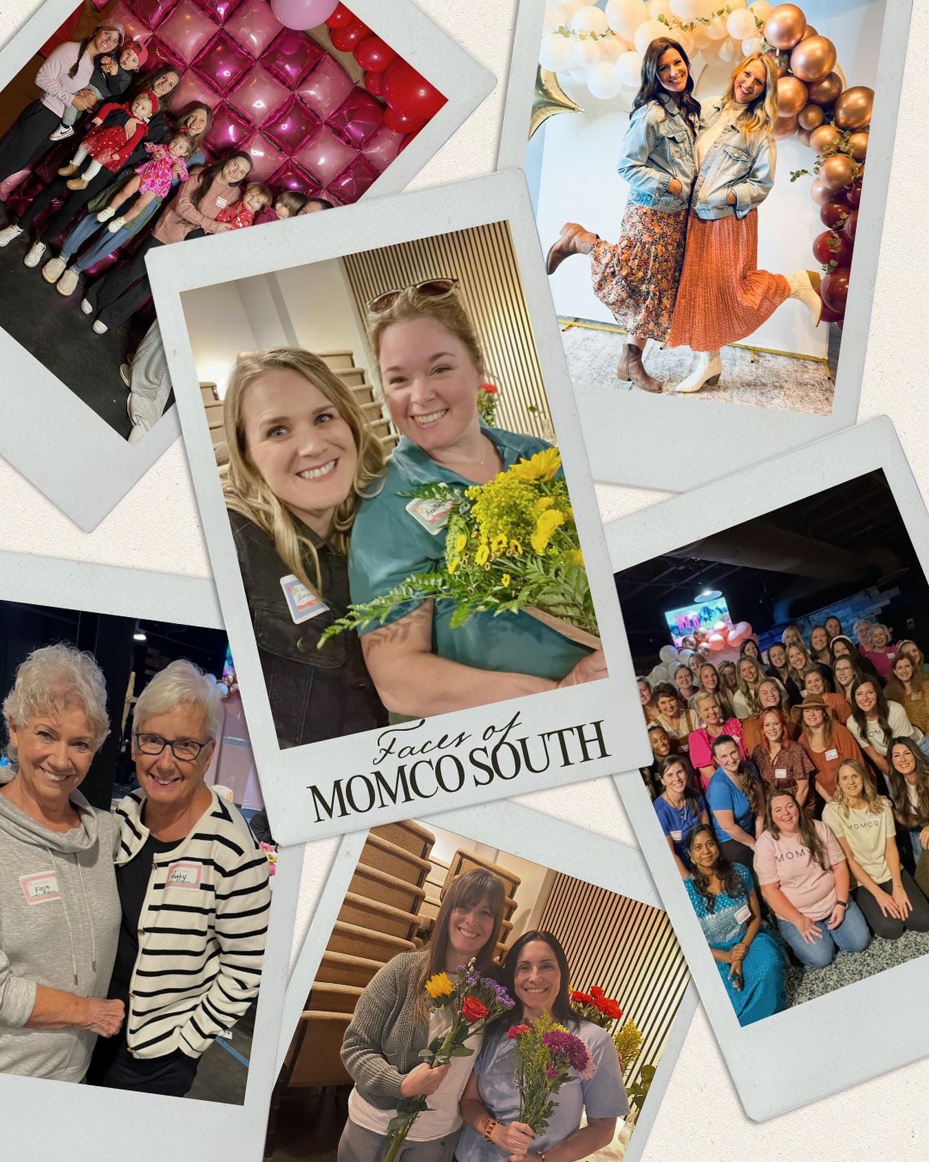 Faces of MomCo South — a collage of members at meetups and events